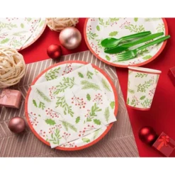 Blue Panda 80 Pack Holly Berries Christmas Paper Plates For Holiday Party Supplies, 9 Inches