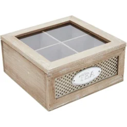 Juvale Wooden Box For Tea Bags Organizer, Rustic 4-Compartment Container With Clear Lid, 7 X 7 X 3 In -Juvale GUEST 02734fbc d4b1 4367 bf88 7b3c812d9b87