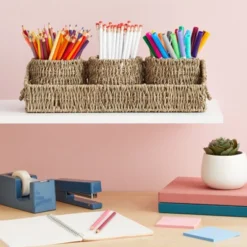 Farmlyn Creek Set Of 3 Wicker Round Storage Baskets For Shelves With Rectangular Seagrass Tray, Brown