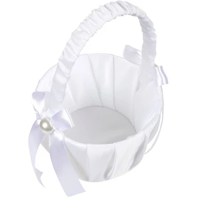 Juvale White Flower Girl Basket For Wedding Reception Rose Petals, Cute Satin Bowknot With Pearl Design (8.7 X 5.2 X 4.2 In) 6 Juvale White Flower Girl Basket For Wedding Reception Rose Petals, Cute Satin Bowknot With Pearl Design (8.7 X 5.2 X 4.2 In) - Image 6