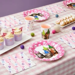 Juvale 144-Pieces Of Kitten Party Supplies With Cat Birthday Paper Plates, Napkins, Cups, And Cutlery, Serves 24