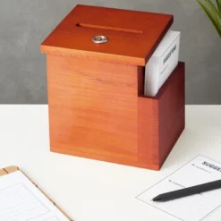 Juvale Wooden Suggestion Box With Lock And Keys, Brown Ballot Box With 50 Blank Suggestion Cards, Locking Lid And Side Slot For Donation, 7.5x7.1x5.5"