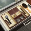 Juvale Mens Valet Tray, Brown Faux Leather Nightstand Organizer With 6 Compartments For Phone, Wallet, Keys, Catchall Dresser Storage, 13.9x9.5x1.6 In