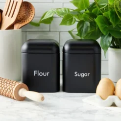 Juvale Set Of 2 Black Sugar And Flour Canisters For Kitchen, Containers For Storage (40 Oz, 4.5 X 6 In)
