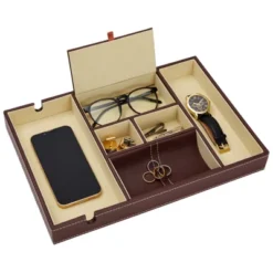 Juvale Mens Valet Tray, Brown Faux Leather Nightstand Organizer With 6 Compartments For Phone, Wallet, Keys, Catchall Dresser Storage, 13.9x9.5x1.6 In -Juvale GUEST 27a96fed afee 43cd abf4 8237f8fa8843