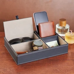 Juvale 5 Compartment Black Faux Leather Mens Valet Catchall Tray, Dresser Top Organizer Station For Wallet & Keys, 10 X 7.3 X 2 In.