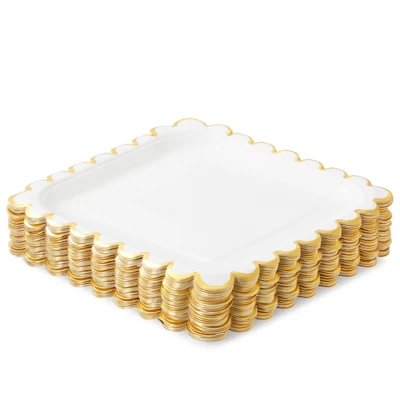 Blue Panda 48 Pack Square White And Gold Paper Plates With Foil Scalloped Edges For Wedding, Bridal Shower, Birthday, 7 In 4 Blue Panda 48 Pack Square White And Gold Paper Plates With Foil Scalloped Edges For Wedding, Bridal Shower, Birthday, 7 In - Image 4