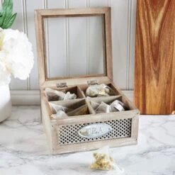 Juvale Wooden Box For Tea Bags Organizer, Rustic 4-Compartment Container With Clear Lid, 7 X 7 X 3 In