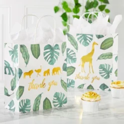 Juvale 12 Pack Safari Party Thank You Bags With Tissue Paper, Wild One Birthday Decorations For Girls And Boys, 8 X 9 X 4 In