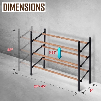 Juvale Free Standing 3 Tier 18 Pair Shoe Rack Shelf Organizer For Entryway Closet, 24"-45" Expandable, Black & Oak Grain Metal 6 Juvale Free Standing 3 Tier 18 Pair Shoe Rack Shelf Organizer For Entryway Closet, 24"-45" Expandable, Black & Oak Grain Metal - Image 6