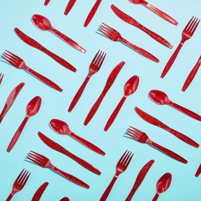 Juvale 144 Pieces Plastic Silverware Cutlery Utensils Set With Forks, Knives, Spoons For Birthday Party Supplies, Red Glitter 1 Juvale 144 Pieces Plastic Silverware Cutlery Utensils Set With Forks, Knives, Spoons For Birthday Party Supplies, Red Glitter