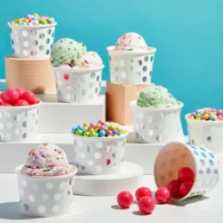 Juvale 50 Pack Paper Ice Cream Cups For Frozen Yogurt, Disposable Dessert Bowls With Silver Foil Polka Dots, 8 Oz
