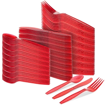 Juvale 144 Pieces Plastic Silverware Cutlery Utensils Set With Forks, Knives, Spoons For Birthday Party Supplies, Red Glitter 5 Juvale 144 Pieces Plastic Silverware Cutlery Utensils Set With Forks, Knives, Spoons For Birthday Party Supplies, Red Glitter - Image 5