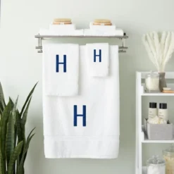 Juvale 3 Piece Letter H Monogrammed Bath Towels Set, White Cotton Bath Towel, Hand Towel, And Washcloth W Blue Embroidered Initial H For Wedding Gift