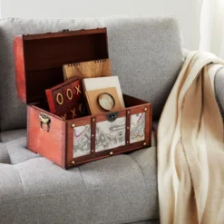 Juvale Set Of 3 Small Wooden Storage Trunks And Chests, Living Room Décor Suitcases With Antique Map Print For Jewelry, 3 Sizes -Juvale GUEST 6192cbbd 3c55 445e a63d 3a379c52c705