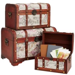 Juvale Set Of 3 Small Wooden Storage Trunks And Chests, Living Room Décor Suitcases With Antique Map Print For Jewelry, 3 Sizes -Juvale GUEST 638cfed2 23c4 4d9d 9c8b 7357fce460c2