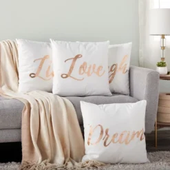 Juvale Set Of 4 Decorative Throw Pillow Covers Couch Cases 20x20 For Home Decor, Live Laugh Love Dream, Rose Gold Foil