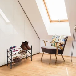 Juvale Free Standing 3 Tier 18 Pair Shoe Rack Shelf Organizer For Entryway Closet, 24"-45" Expandable, Black & Oak Grain Metal