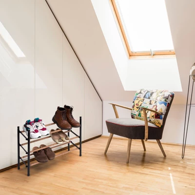 Juvale Free Standing 3 Tier 18 Pair Shoe Rack Shelf Organizer For Entryway Closet, 24"-45" Expandable, Black & Oak Grain Metal 1 Juvale Free Standing 3 Tier 18 Pair Shoe Rack Shelf Organizer For Entryway Closet, 24"-45" Expandable, Black & Oak Grain Metal