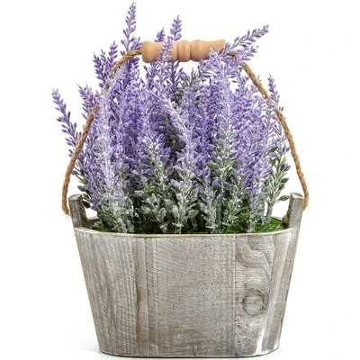 Artificial Lavender Fake Flower Plant In Rustic Oval Wooden Box For Decorations 6 Artificial Lavender Fake Flower Plant In Rustic Oval Wooden Box For Decorations - Image 6