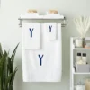 Juvale 3 Piece Letter Y Monogrammed Bath Towels Set, White Cotton Bath Towel, Hand Towel, And Washcloth W Blue Embroidered Initial Y For Wedding Gift