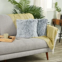 Juvale Set Of 2 Gray Faux Fur Decorative Throw Pillow Covers Cushion Cases For Couch Sofa, Fuzzy Home Decor, 18x18 In