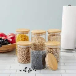 Juvale 6 Pc Set Of Bamboo Storage Containers With Lids For Pasta, Cookies, Nuts, 15 Oz, And 24 Oz Glass Jars For Kitchen Pantry