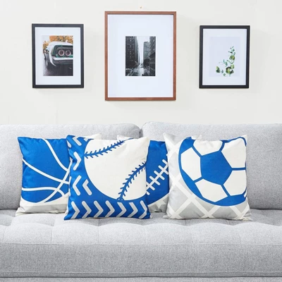Set Of 4 Sports Theme Decorative Throw Pillow Covers Cushion Case Protector, Standard Size 18 X 18 Square, Blue/White 1 Set Of 4 Sports Theme Decorative Throw Pillow Covers Cushion Case Protector, Standard Size 18 X 18 Square, Blue/White