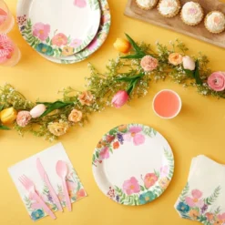 144 Piece Watercolor Tea Party Supplies With Pink Floral Paper Plates, Napkins, Cups, And Cutlery, Disposable Tableware Set, Serves 24