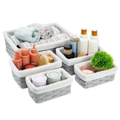 Juvale 5-Piece Grey Woven Nesting Baskets With Cloth Lining For Storage, Small Decorative Lined Rectangular Wicker Bins Set For Organizing (3 Sizes) -Juvale GUEST 8262ce73 6391 46e0 a1a3 52823c4b0bf5