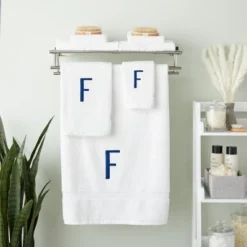 Juvale 3 Piece Letter F Monogrammed Bath Towels Set, White Cotton Bath Towel, Hand Towel, And Washcloth W Blue Embroidered Initial F For Wedding Gift