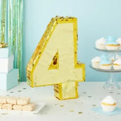 Blue Panda Gold Foil Number 4 Pinata For 4th Birthday Party Decorations, Anniversary Celebrations (15.5 X 11 X 3 In)
