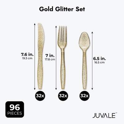 Juvale 96-Pcs Gold Plastic Silverware For Weddings, Birthday Parties, Graduation, Disposable Cutlery Includes Forks, Spoons, Knives (Serves 32) 6 Juvale 96-Pcs Gold Plastic Silverware For Weddings, Birthday Parties, Graduation, Disposable Cutlery Includes Forks, Spoons, Knives (Serves 32) - Image 6