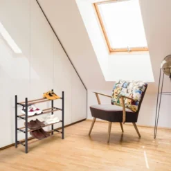 Juvale Free Standing 4 Tier 24 Pair Shoe Rack Shelf Organizer For Entryway Closet, 24"-45" Expandable, Black & Oak Grain Metal