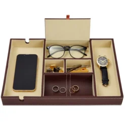 Juvale Mens Valet Tray, Brown Faux Leather Nightstand Organizer With 6 Compartments For Phone, Wallet, Keys, Catchall Dresser Storage, 13.9x9.5x1.6 In -Juvale GUEST 957d92ec 1f6f 4a21 bd27 3ecc5032d6a9