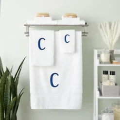 Juvale 3 Piece Letter C Monogrammed Bath Towels Set, White Cotton Bath Towel, Hand Towel, And Washcloth W Blue Embroidered Initial C For Wedding Gift