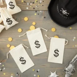 Juvale 7" Set Of 12 Money Bag Pouches With Drawstring Closure Canvas Cloth And Dollar Sign Design For Toy Party Favors