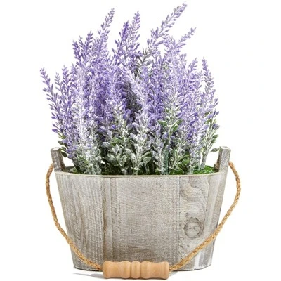 Artificial Lavender Fake Flower Plant In Rustic Oval Wooden Box For Decorations 3 Artificial Lavender Fake Flower Plant In Rustic Oval Wooden Box For Decorations - Image 3