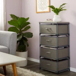 [Juvale] 4-Tier Drawer Dresser For Bedroom, Clothes Organizer, Fabric Storage Tower For Clothing, Linens, Closet, Easy Assembly (Light Gray,