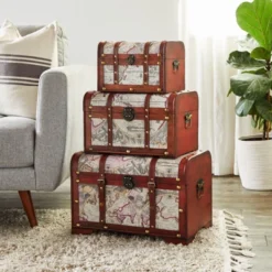 Juvale Set Of 3 Small Wooden Storage Trunks And Chests, Living Room Décor Suitcases With Antique Map Print For Jewelry, 3 Sizes -Juvale GUEST a558d104 6507 4dd2 bd27 de4f7df537fa