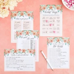 Juvale Set Of 5 Pink Vintage-Design Floral Theme Bridal Shower Games For 50 Guests, Engagement Party, Bridal Shower, Bachelorette Games, 5x7 In