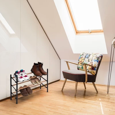 Juvale Free Standing 3 Tier 18 Pair Shoe Rack Shelf Organizer For Entryway Closet, 24"-45" Expandable, Black & Oak Grain Metal 7 Juvale Free Standing 3 Tier 18 Pair Shoe Rack Shelf Organizer For Entryway Closet, 24"-45" Expandable, Black & Oak Grain Metal - Image 7