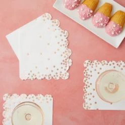 Blue Panda 50 Pack Scalloped Rose Gold Napkins For Birthday, Wedding Decorations, Foil Polka Dotted For Holiday Party, 3 Ply, 6.3 In