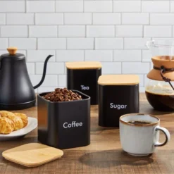 Juvale 3 Piece Set Sugar Tea Coffee Kitchen Canister Set, Black Kitchen Canisters With Bamboo Lids (48 Oz)