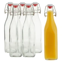 Juvale 6 Pack 16 Oz Glass Bottles With Swing Top Lids And Square Base, Includes Brush And Funnel For Homemade Brewing