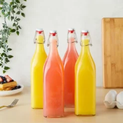 Juvale 4 Pack Square Flip Top Glass Bottle 32 Oz With Cleaning Brush And Silicone Funnel For Homemade Brew, Drinks, Crafts