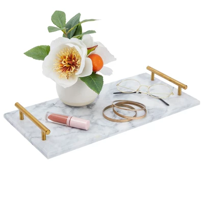Rectangle Marble Serving Tray, Jewelry Trinket Tray, Perfume Tray, Bathroom Toilet Vanity Tray With Handle (White 15"x7.5"x0.4") 2 Rectangle Marble Serving Tray, Jewelry Trinket Tray, Perfume Tray, Bathroom Toilet Vanity Tray With Handle (White 15"x7.5"x0.4") - Image 2
