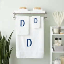 Juvale 3 Piece Letter D Monogrammed Bath Towels Set, White Cotton Bath Towel, Hand Towel, And Washcloth W Blue Embroidered Initial D For Wedding Gift