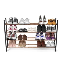 Juvale Free Standing 4 Tier 24 Pair Shoe Rack Shelf Organizer For Entryway Closet, 24"-45" Expandable, Black & Oak Grain Metal -Juvale GUEST c018cc14 38a9 4588 801d a31321de9dca