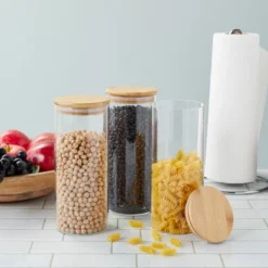 Juvale 3 Pack Glass Storage Containers With Bamboo Lids, Airtight Canisters For Pantry (32.5 Oz)